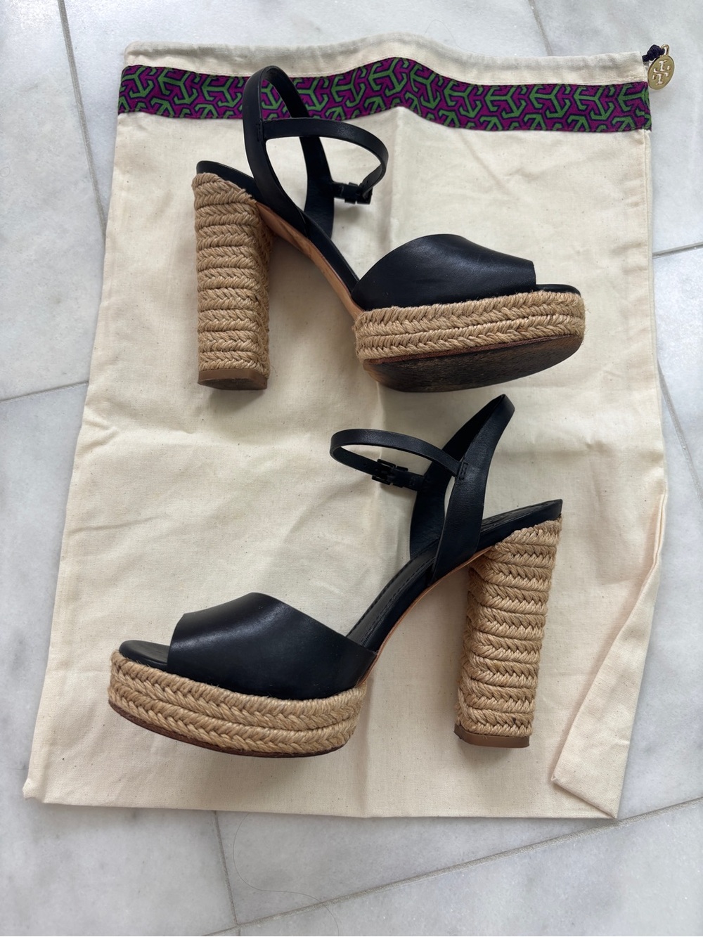 Tory Burch Black Leather Heeled Espadrilles Size 8 with Dustbag